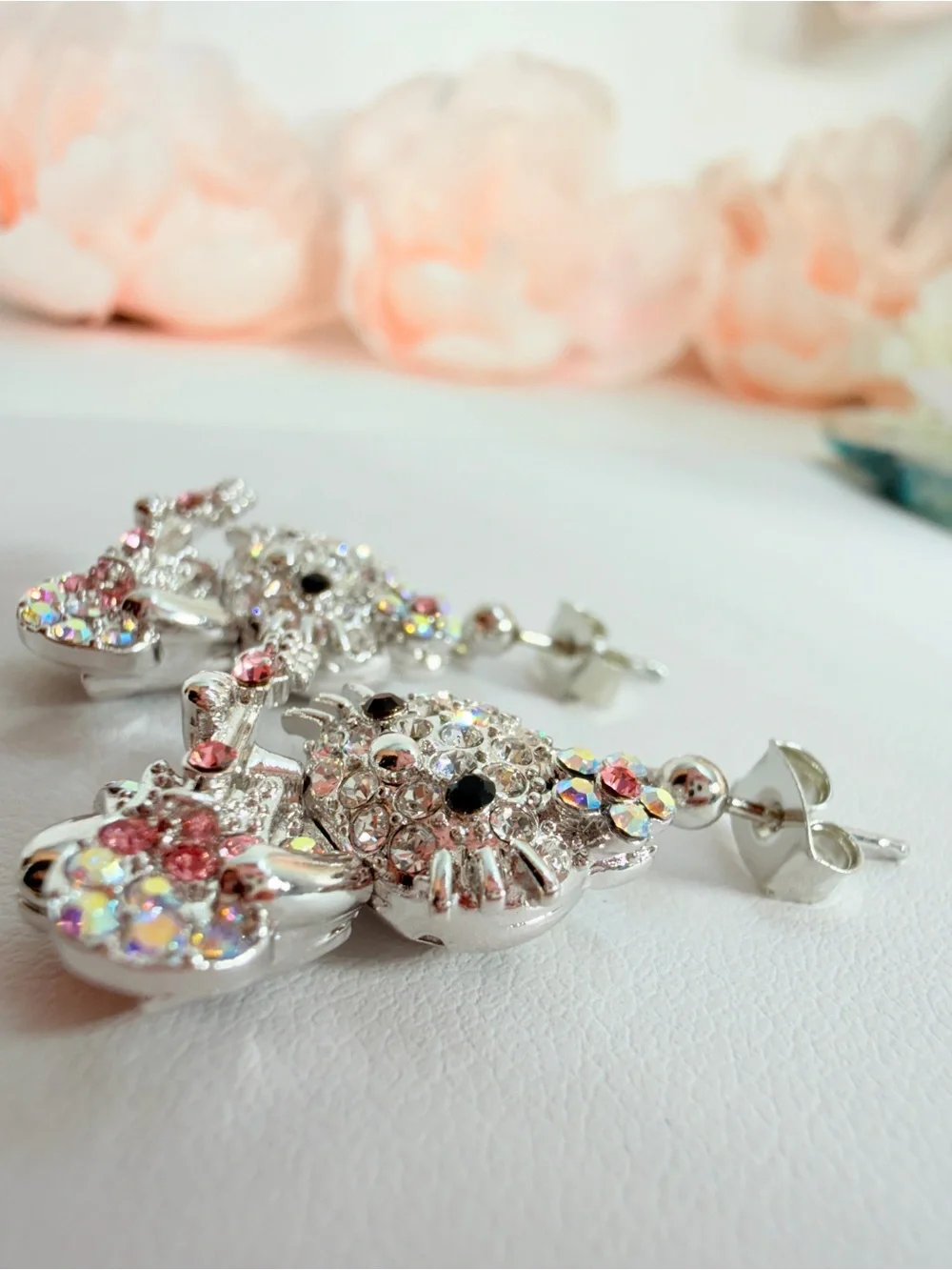 Crystal Cat Guitar Drop Earrings - Pink & Iridescent